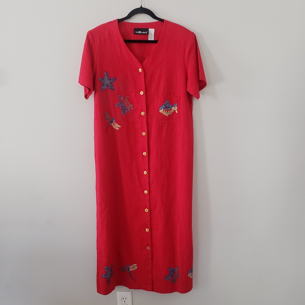 Vintage Sag Harbor Linen Blend Midi Dress SIZE 14 Vacation New England Summer